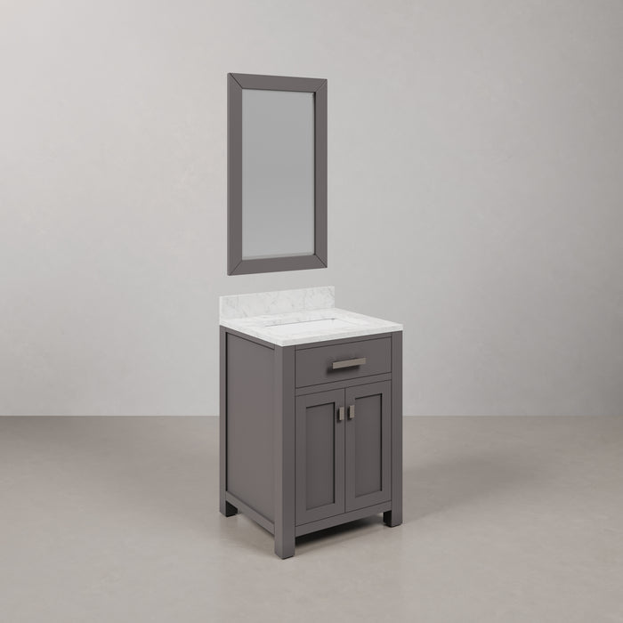 24 Inch Emery Freestanding Bathroom Vanity Cashmere Grey Carrara Marble with Chrome Hardware & Rectangular Mirror