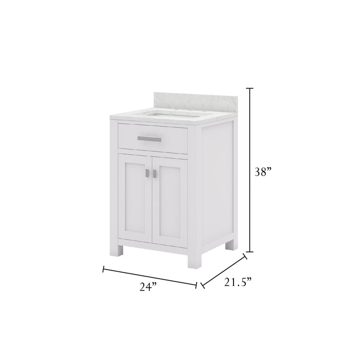24 Inch Chara Pure White Carrara Single Bathroom Vanity Set With Matching framed Mirror and Chrome Hardware
