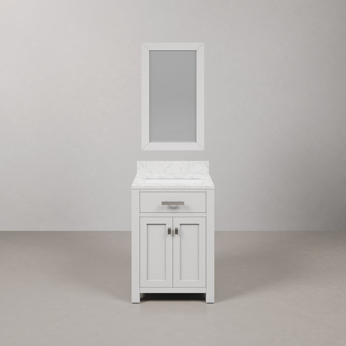 24 Inch Chara Pure White Carrara Single Bathroom Vanity Set With Matching framed Mirror and Chrome Hardware