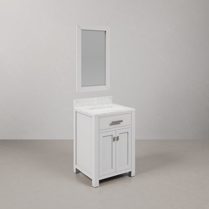 24 Inch Chara Pure White Carrara Single Bathroom Vanity Set With Matching framed Mirror and Chrome Hardware