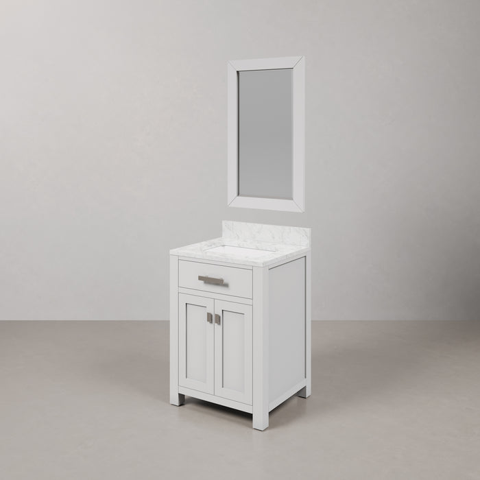 24 Inch Chara Pure White Carrara Single Bathroom Vanity Set With Matching framed Mirror and Chrome Hardware