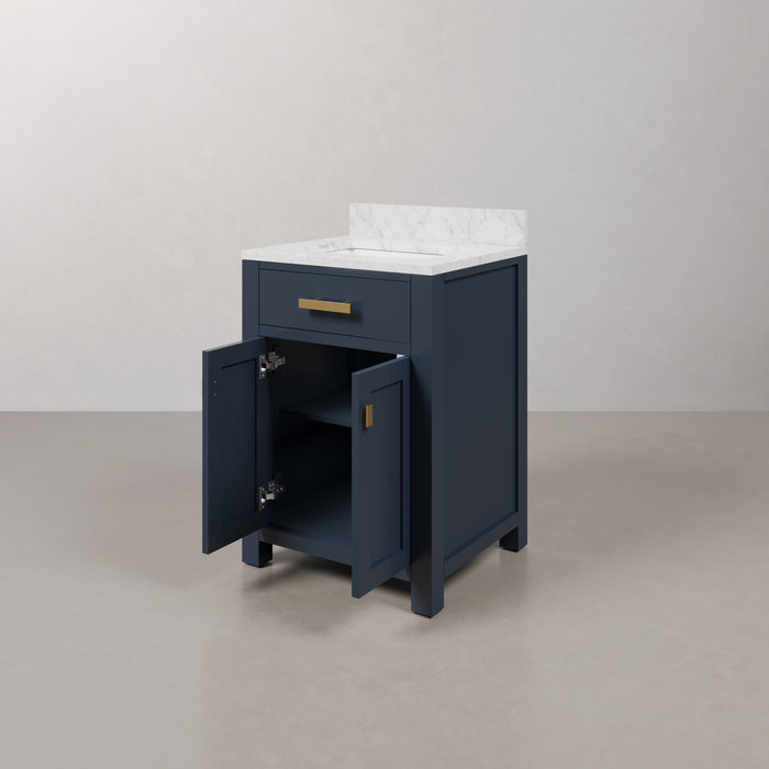 24 Inch Sloane Single Sink Carrara Marble Vanity in Monarch Blue with Soft Close Doors and Rectangular Mirror