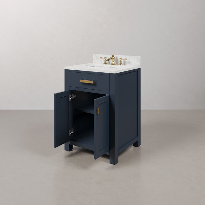 24 Inch Lennox Carrara Marble Single Sink Bathroom Vanity - Monarch Blue Finish with Satin Gold Hardware & Rectangular Mirror