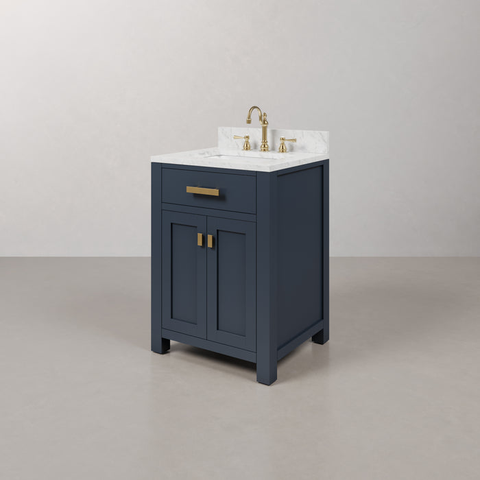 24-Inch Manchester Carrara White Marble Single Sink Bathroom Vanity - Monarch Blue with Satin Gold Hardware