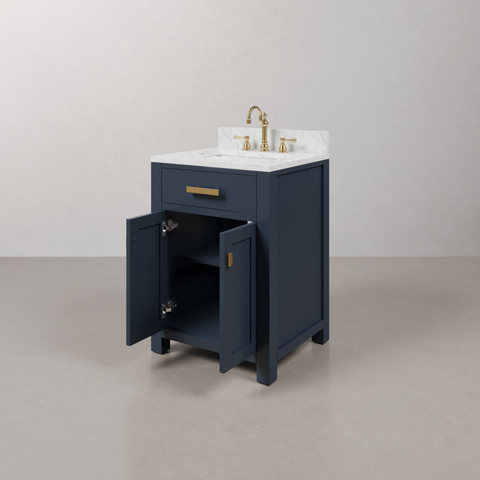 24-Inch Manchester Carrara White Marble Single Sink Bathroom Vanity - Monarch Blue with Satin Gold Hardware