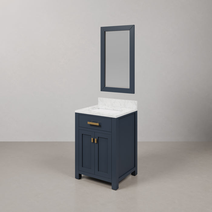 24 Inch Sloane Single Sink Carrara Marble Vanity in Monarch Blue with Soft Close Doors and Rectangular Mirror