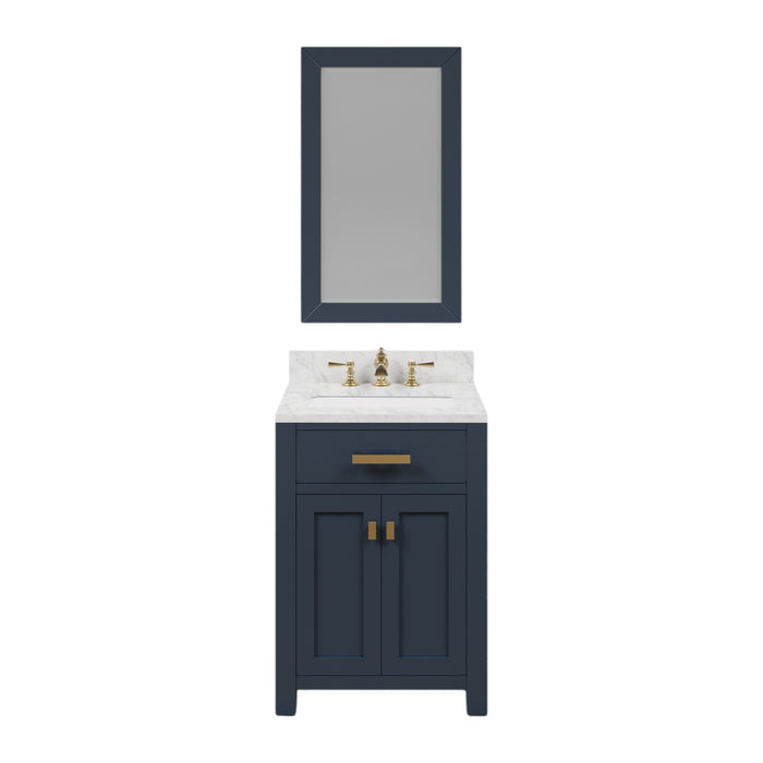 24 Inch Lennox Carrara Marble Single Sink Bathroom Vanity - Monarch Blue Finish with Satin Gold Hardware & Rectangular Mirror