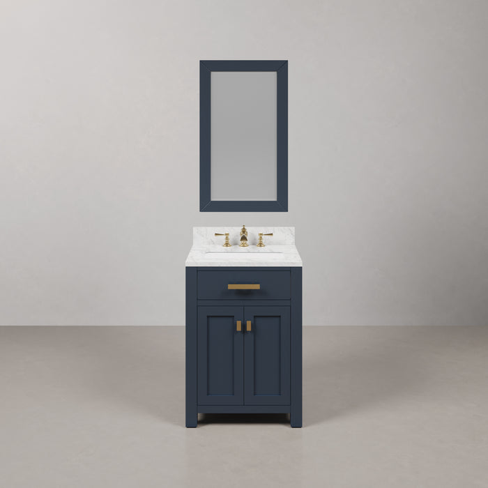 24 Inch Lennox Carrara Marble Single Sink Bathroom Vanity - Monarch Blue Finish with Satin Gold Hardware & Rectangular Mirror