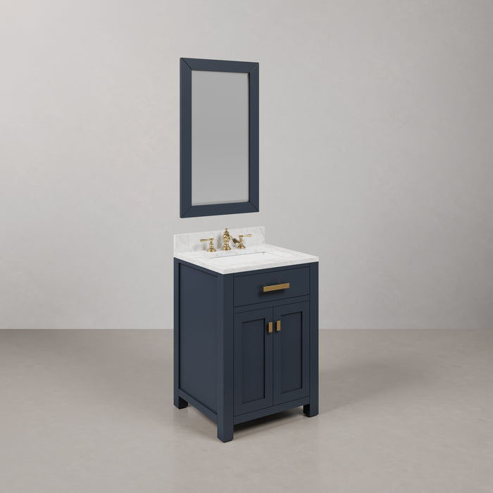 24 Inch Lennox Carrara Marble Single Sink Bathroom Vanity - Monarch Blue Finish with Satin Gold Hardware & Rectangular Mirror