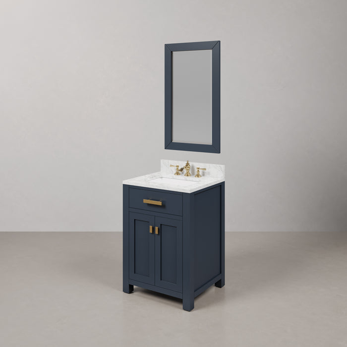 24 Inch Lennox Carrara Marble Single Sink Bathroom Vanity - Monarch Blue Finish with Satin Gold Hardware & Rectangular Mirror