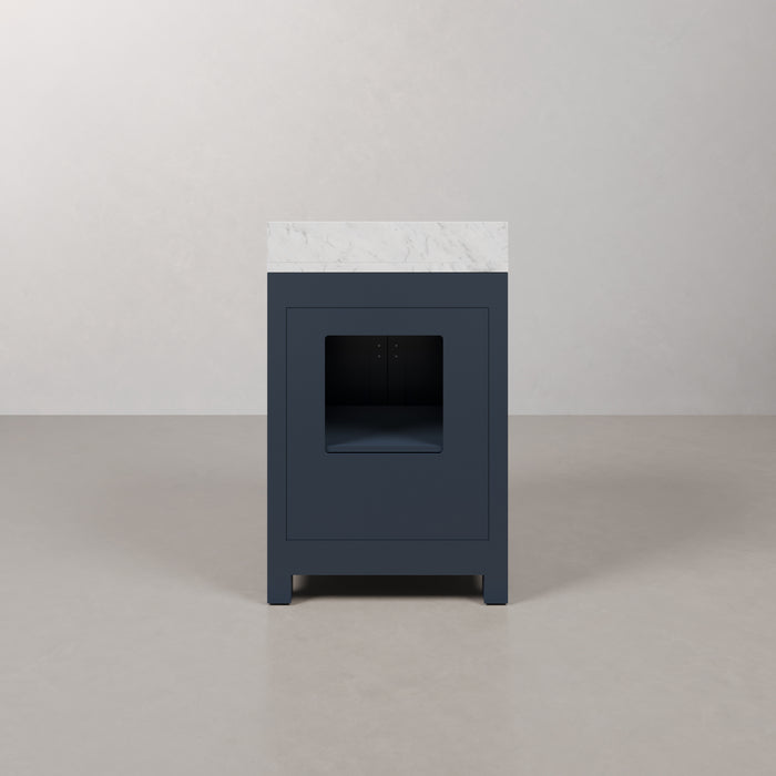 24 Inch Sloane Single Sink Carrara Marble Vanity in Monarch Blue with Soft Close Doors and Rectangular Mirror