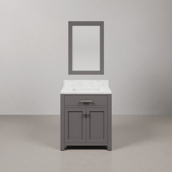 30 Inch Lorraine Cashmere Grey Single Sink Bathroom Vanity with Carrara White Marble Countertop & Rectangular Mirror