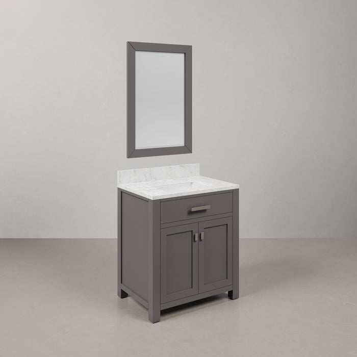 30 Inch Lorraine Cashmere Grey Single Sink Bathroom Vanity with Carrara White Marble Countertop & Rectangular Mirror