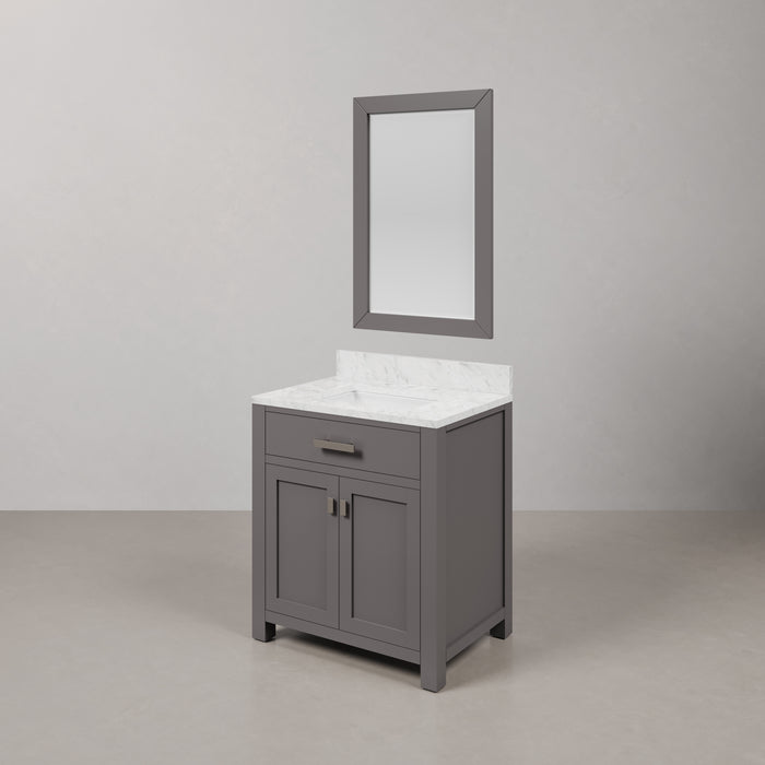 30 Inch Lorraine Cashmere Grey Single Sink Bathroom Vanity with Carrara White Marble Countertop & Rectangular Mirror