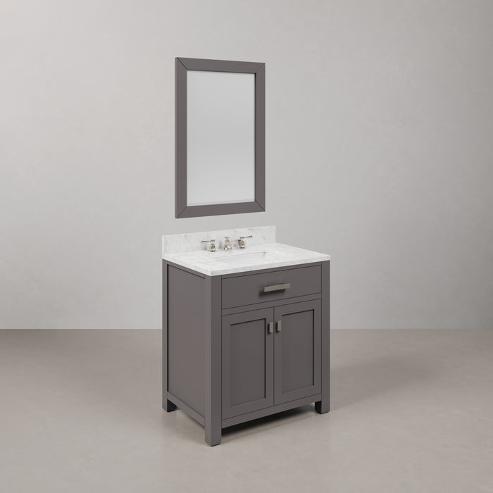 30" Trulinea Cashmere Grey Single Sink Bathroom Vanity Carrara White Marble Countertop with Chrome Faucets & Mirror