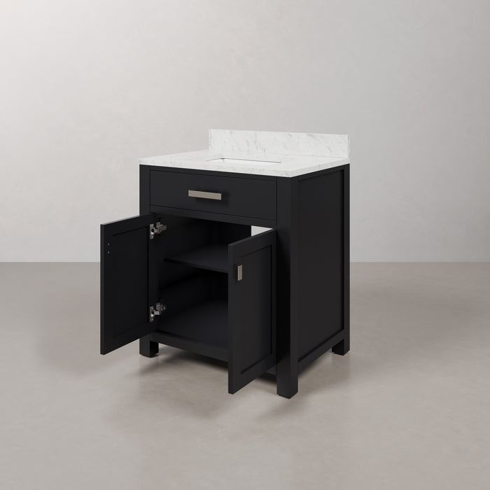 30 Inch Rebecca Espresso Bathroom Vanity Single Sink Carrara Marble Top with Rectangular Mirror