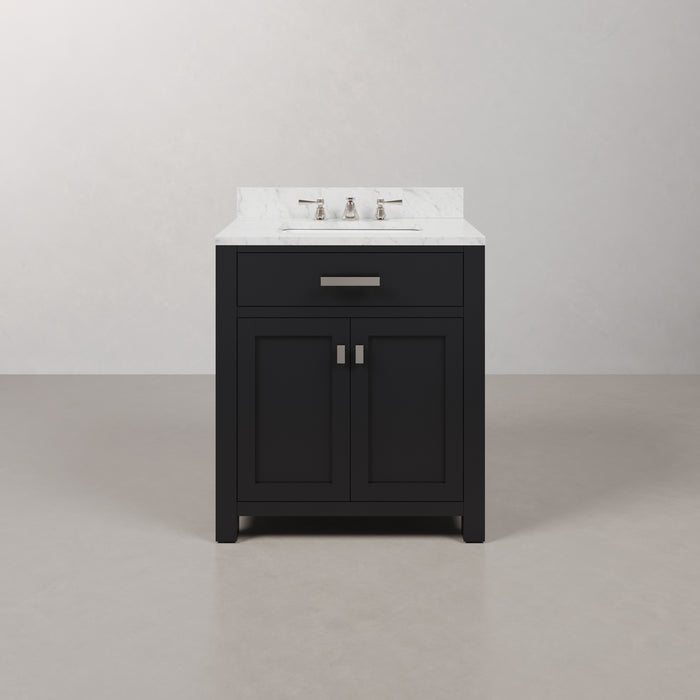 30-Inch Aspen Carrara White Marble Single Sink Bathroom Vanity - Espresso Finish with Soft-Close Doors & Chrome Faucet