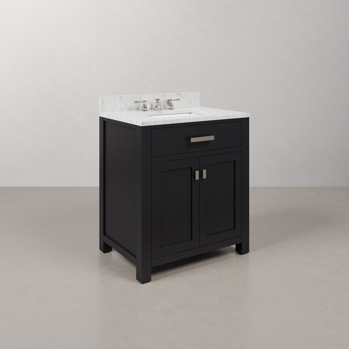 30-Inch Aspen Carrara White Marble Single Sink Bathroom Vanity - Espresso Finish with Soft-Close Doors & Chrome Faucet