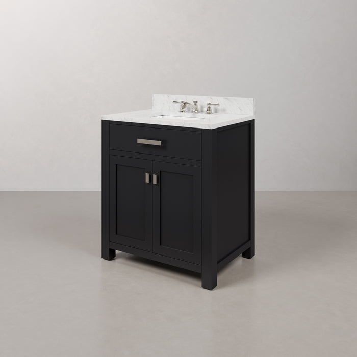 30-Inch Aspen Carrara White Marble Single Sink Bathroom Vanity - Espresso Finish with Soft-Close Doors & Chrome Faucet