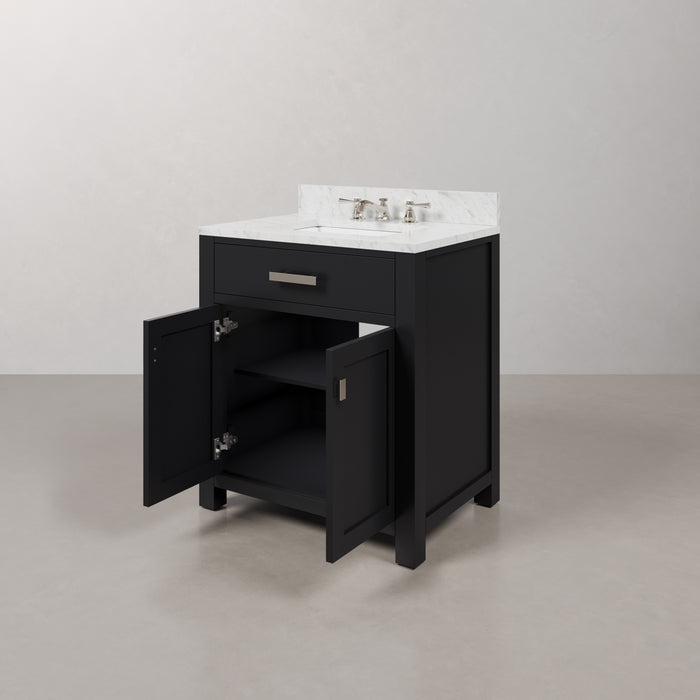 30 Inch Single Sink Espresso Maison Bathroom Vanity - Carrara White Marble Top with Chrome Faucet & Rectangular Mirror
