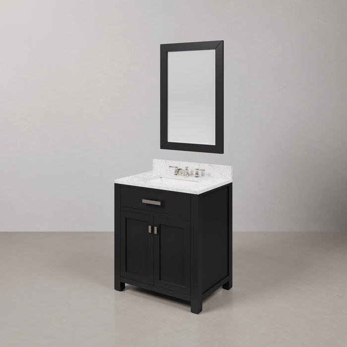 30 Inch Single Sink Espresso Maison Bathroom Vanity - Carrara White Marble Top with Chrome Faucet & Rectangular Mirror