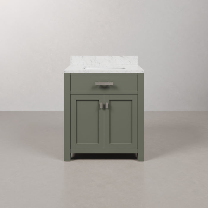 30 Inch Margo Bathroom Vanity in Glacial Green - Carrara White Marble Single Sink