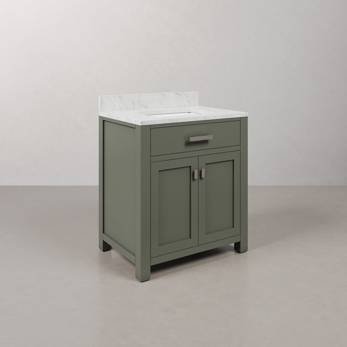 30 Inch Margo Bathroom Vanity in Glacial Green - Carrara White Marble Single Sink