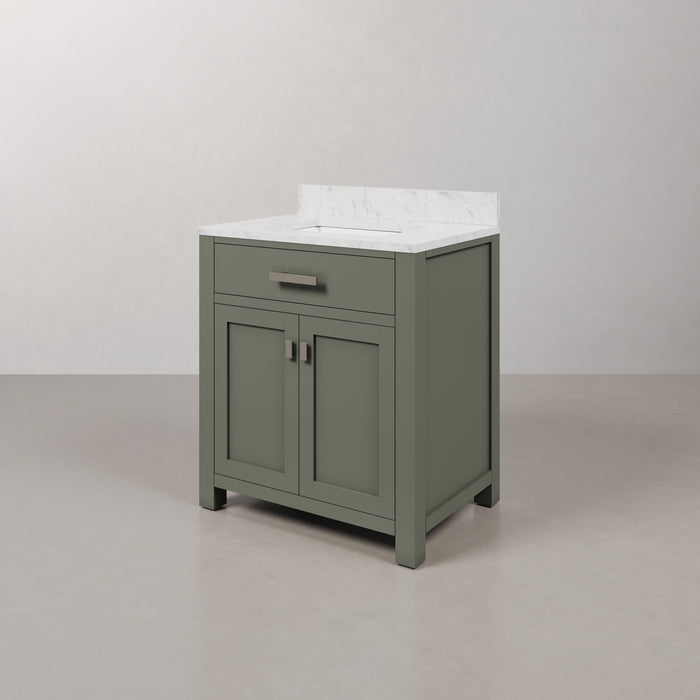 30 Inch Margo Bathroom Vanity in Glacial Green - Carrara White Marble Single Sink