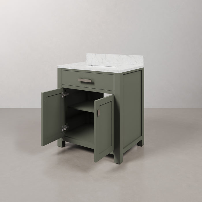 30 Inch Margo Bathroom Vanity in Glacial Green - Carrara White Marble Single Sink