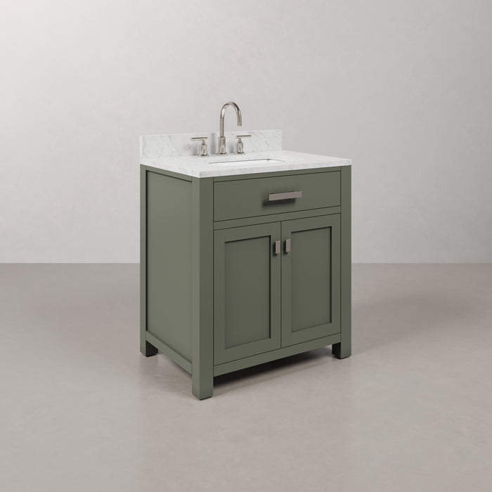 30" Bradley Carrara Marble Single Sink Bathroom Vanity Glacial Green with Chrome Gooseneck Faucet