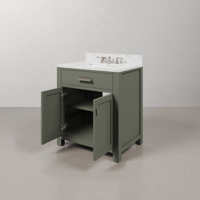 30-Inch Glacial Green Tori Bathroom Vanity - Single Sink Carrara Marble Top with Chrome Faucet