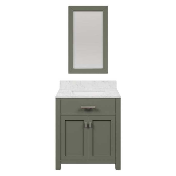 30" Carmel Single Sink Bathroom Vanity Glacial Green Carrara White Marble Top & Rectangular Mirror