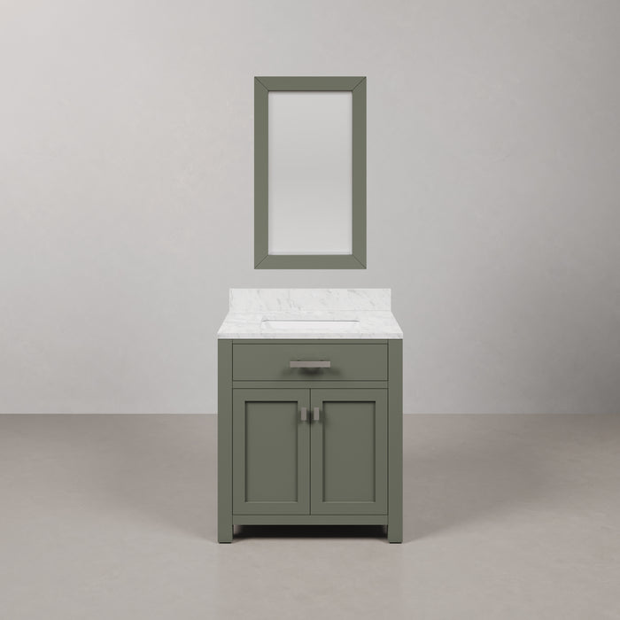 30" Carmel Single Sink Bathroom Vanity Glacial Green Carrara White Marble Top & Rectangular Mirror