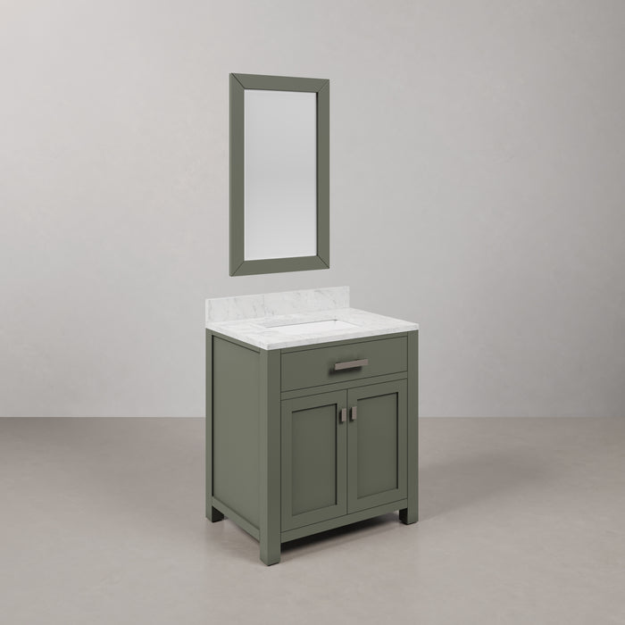 30" Carmel Single Sink Bathroom Vanity Glacial Green Carrara White Marble Top & Rectangular Mirror