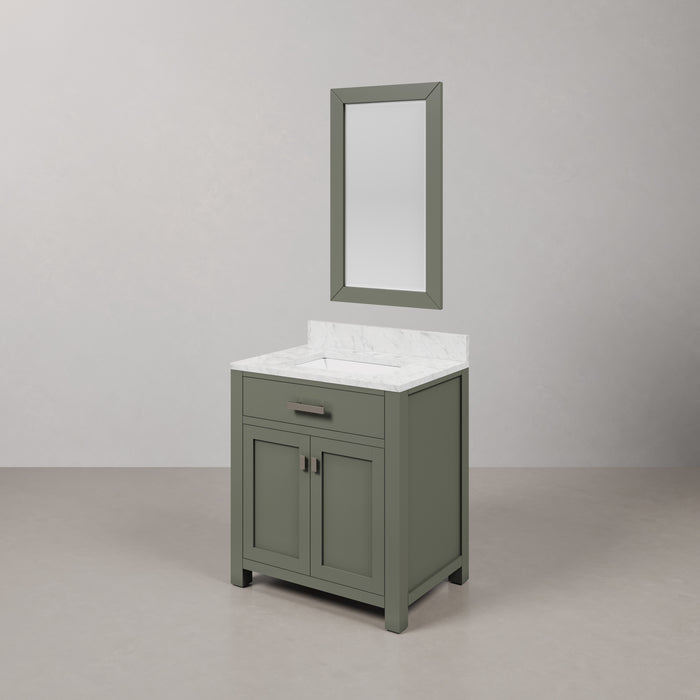 30" Carmel Single Sink Bathroom Vanity Glacial Green Carrara White Marble Top & Rectangular Mirror