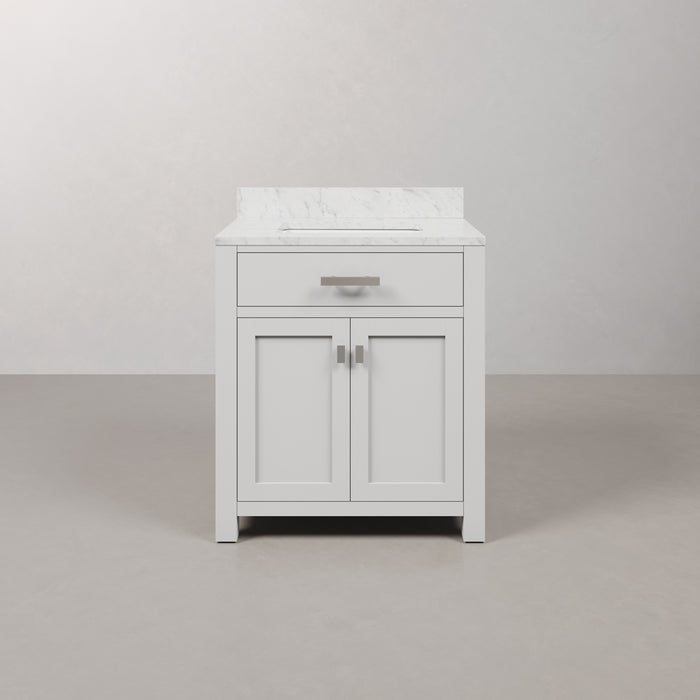30 Inch Ash Carrara White Marble Single Sink Bathroom Vanity in Pure White