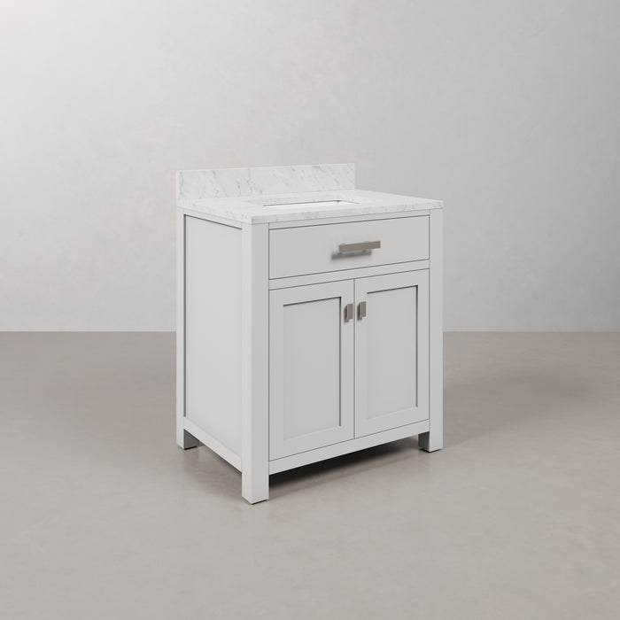 30 Inch Ash Carrara White Marble Single Sink Bathroom Vanity in Pure White