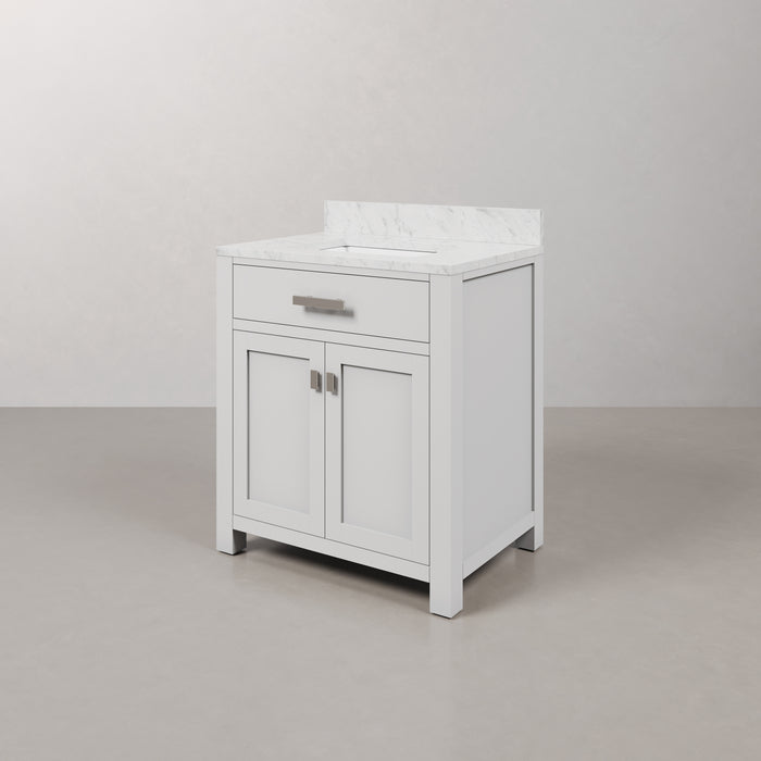 30 Inch Ash Carrara White Marble Single Sink Bathroom Vanity in Pure White