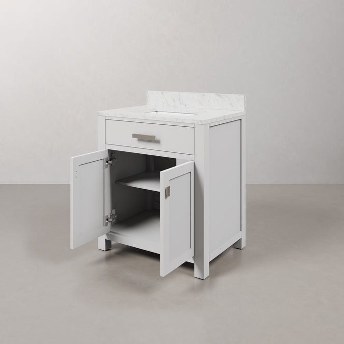 30 Inch Ash Carrara White Marble Single Sink Bathroom Vanity in Pure White