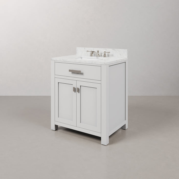 30 Inch Carrara White Marble Bathroom Vanity Hunt Pure White Single Sink with Chrome Hardware