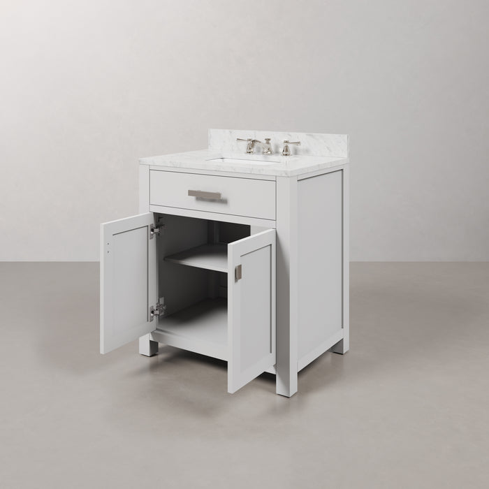 30 Inch Briar Bathroom Vanity Pure White Carrara Marble Single Sink Chrome Faucet Rectangular Mirror Complete Set