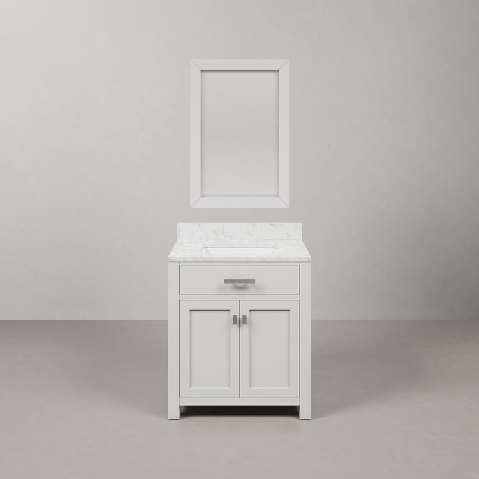 30 Inch Meadow Carrara White Marble Single Sink Bathroom Vanity Pure White Freestanding with Mirror