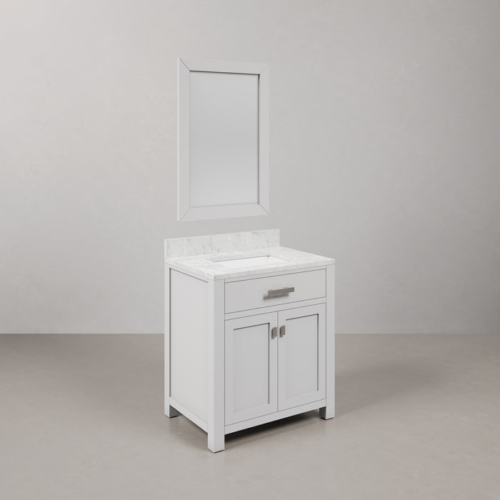 30 Inch Meadow Carrara White Marble Single Sink Bathroom Vanity Pure White Freestanding with Mirror