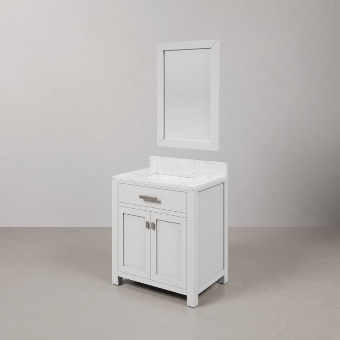 30 Inch Meadow Carrara White Marble Single Sink Bathroom Vanity Pure White Freestanding with Mirror