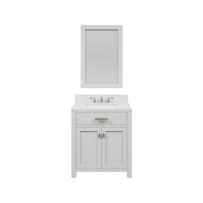 30 Inch Briar Bathroom Vanity Pure White Carrara Marble Single Sink Chrome Faucet Rectangular Mirror Complete Set