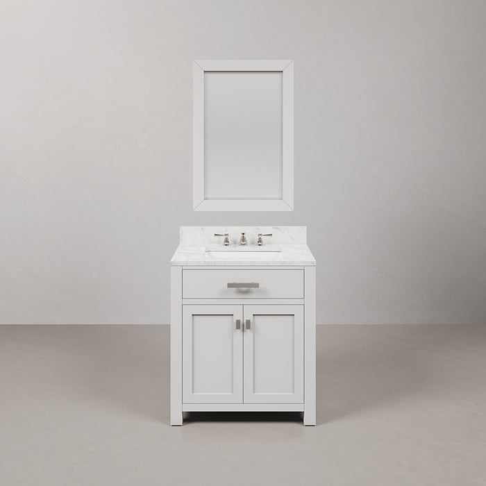 30 Inch Briar Bathroom Vanity Pure White Carrara Marble Single Sink Chrome Faucet Rectangular Mirror Complete Set