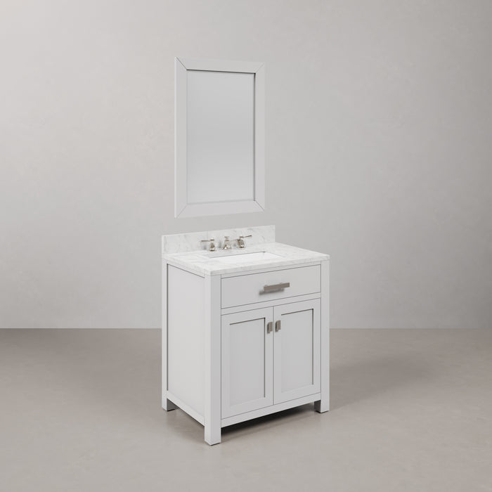 30 Inch Briar Bathroom Vanity Pure White Carrara Marble Single Sink Chrome Faucet Rectangular Mirror Complete Set