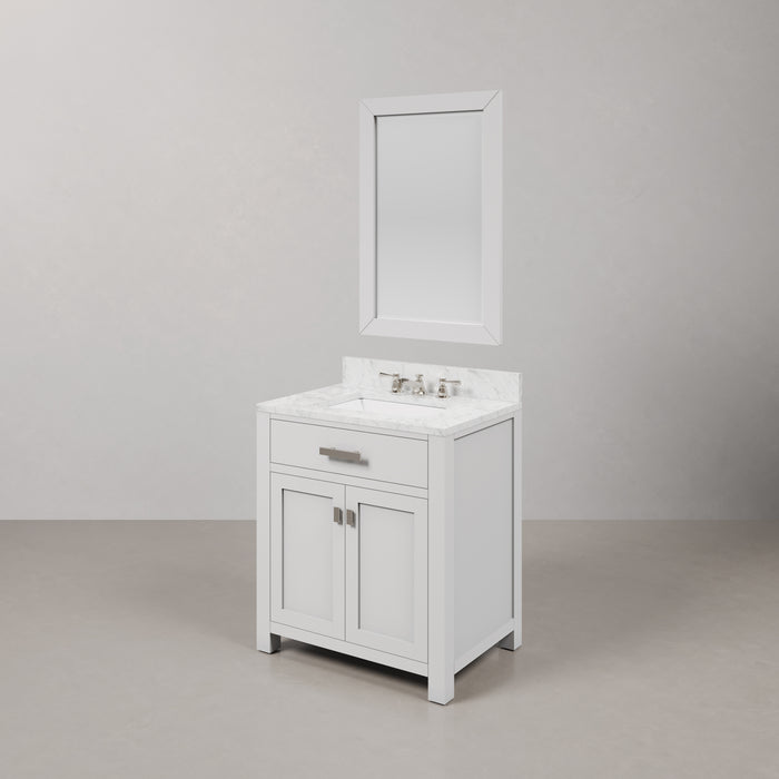 30 Inch Briar Bathroom Vanity Pure White Carrara Marble Single Sink Chrome Faucet Rectangular Mirror Complete Set