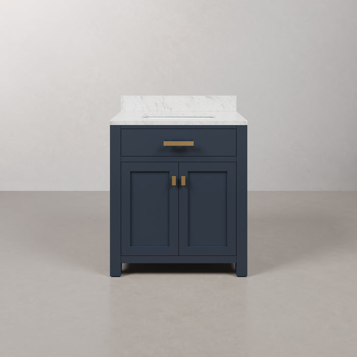 30 Inch Carrara Marble Single Sink Vanity Monterey Monarch Blue with Satin Gold Hardware