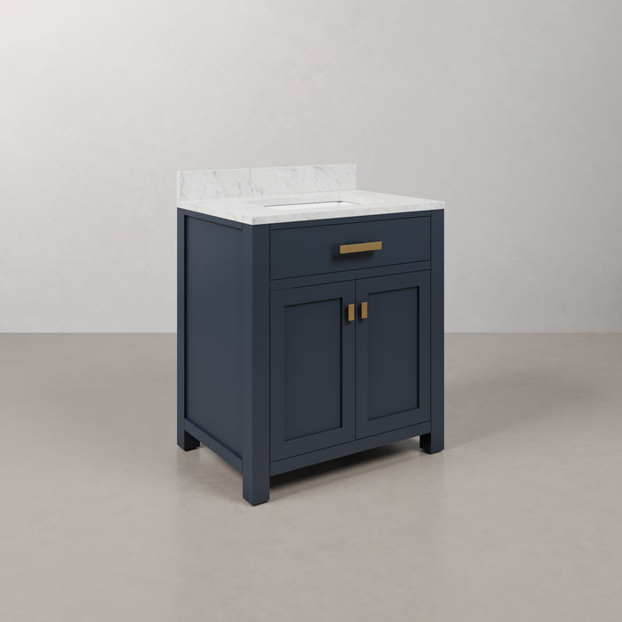 30 Inch Carrara Marble Single Sink Vanity Monterey Monarch Blue with Satin Gold Hardware